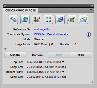 Georeference information displayed on the Geographic Imager Main panel