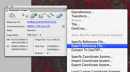 Export the georeference information from the Geographic Imager panel