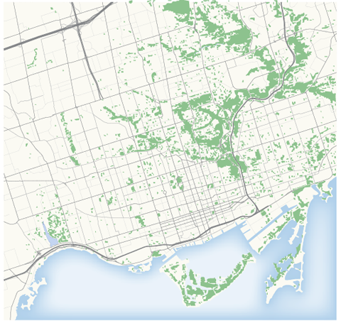 Green areas in Toronto nicely lined up with the base map.