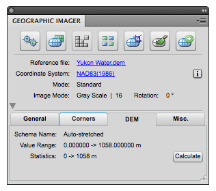 Geographic Imager Main Panel: displaying the information of the dem file just imported