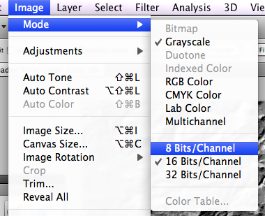 Changing the image mode from 16 bit to 8 bit