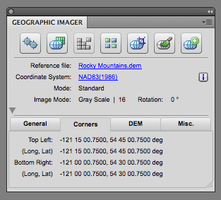 Georeference information displayed on the Geographic Imager Main Panel