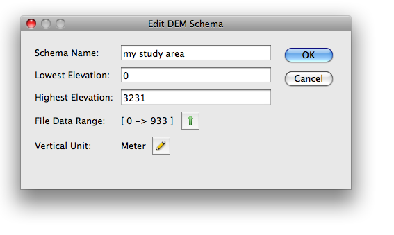 Dialog window: Edit DEM Schema - specifying the range for the DEM schema