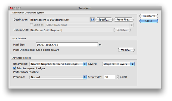 Geographic Imager: Transform dialog box