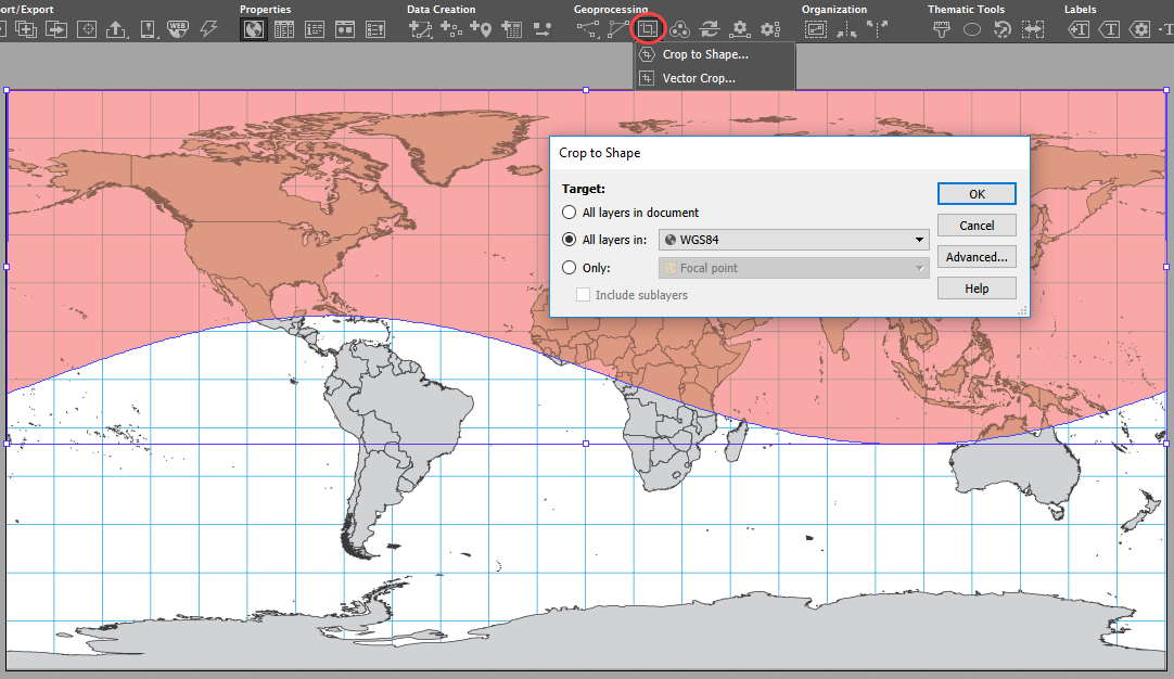 Preparing to crop the world to the horizon polygon - MAPublisher